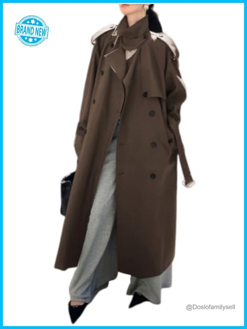 Womens Double Breasted Belted Trench Coat Lapel Collar Windproof Long